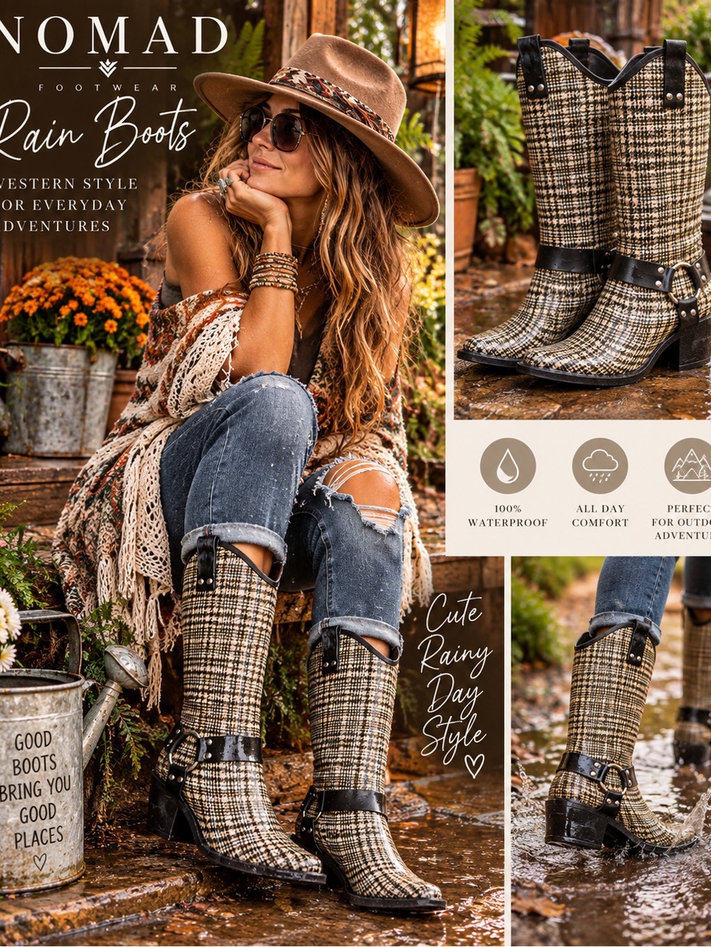 Nomad Black & Cream Houndstooth Western Harness Rain Boots